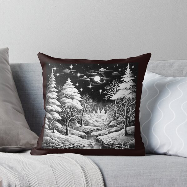 Item preview, Moonlit Snowy Forest Village Black and White Winter Illustration designed and sold by inkoutninja.