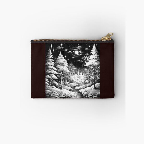 Item preview, Moonlit Snowy Forest Village Black and White Winter Illustration designed and sold by inkoutninja.