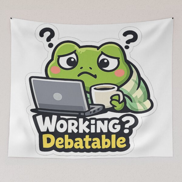 Item preview, Working? Debatable Frog Sticker – Confused Frog at Laptop designed and sold by InkWanderStudio.