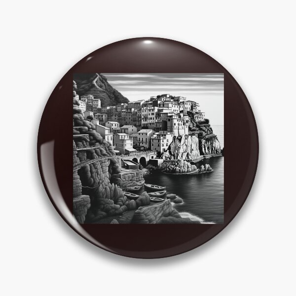 Item preview, Monochrome Coastal Cliff Village Mediterranean Landscape Illustration designed and sold by inkoutninja.
