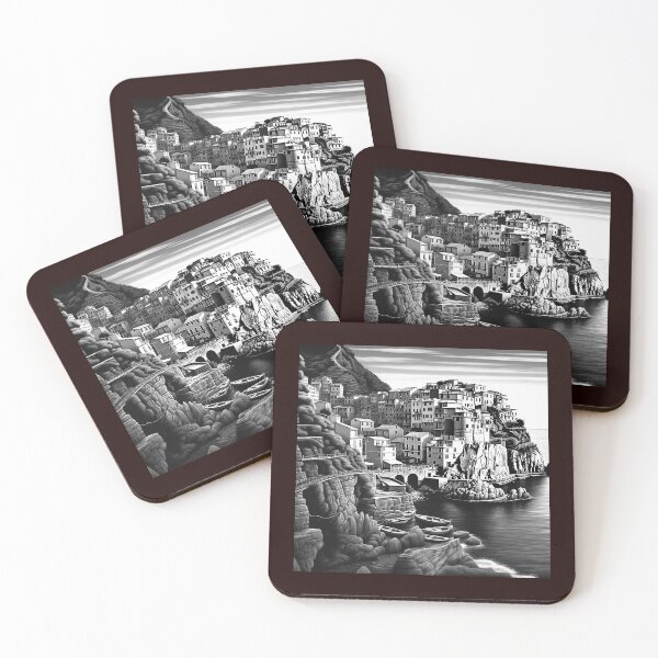 Item preview, Monochrome Coastal Cliff Village Mediterranean Landscape Illustration designed and sold by inkoutninja.