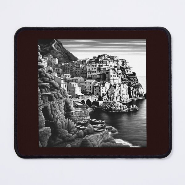 Item preview, Monochrome Coastal Cliff Village Mediterranean Landscape Illustration designed and sold by inkoutninja.