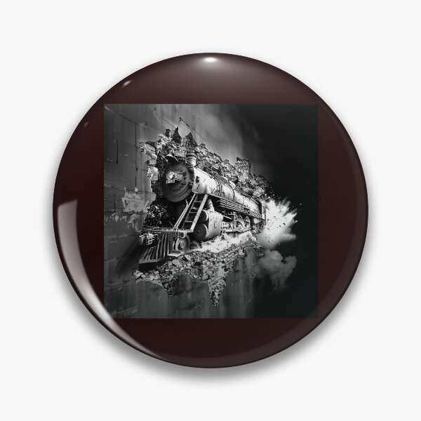 Item preview, Steam Train Breaking Through Wall Black and White Industrial Illustration designed and sold by inkoutninja.