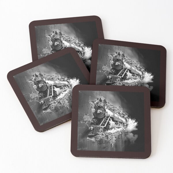 Item preview, Steam Train Breaking Through Wall Black and White Industrial Illustration designed and sold by inkoutninja.