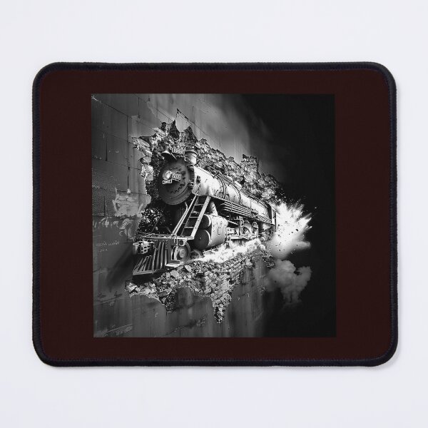 Item preview, Steam Train Breaking Through Wall Black and White Industrial Illustration designed and sold by inkoutninja.