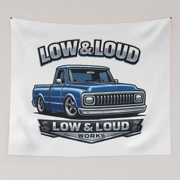 Item preview, Low & Loud Works Custom Blue Classic Pickup Truck - Slammed Shop Truck Art designed and sold by SasquatchTrail.