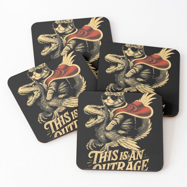 Item preview, Regal Cat Riding Dinosaur with Outrage Text Design designed and sold by mytvtoday2020.