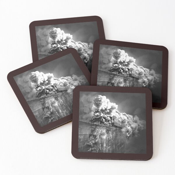 Item preview, Steam Train on Cliff Edge Black and White Dramatic Railway Illustration designed and sold by inkoutninja.