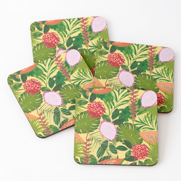 Item preview, Vibrant painterly Tropical botanical hothouse jungle of lush greenery fruits and florals on yellow designed and sold by PrettywithColor.