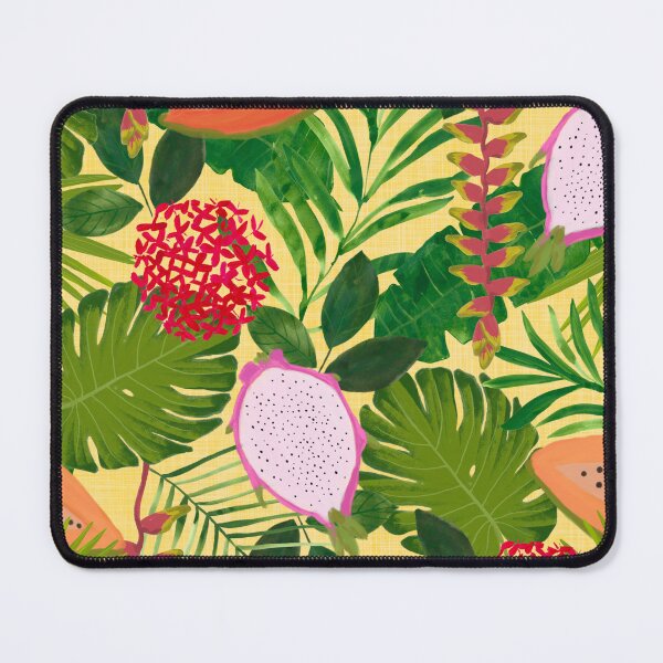 Item preview, Vibrant painterly Tropical botanical hothouse jungle of lush greenery fruits and florals on yellow designed and sold by PrettywithColor.