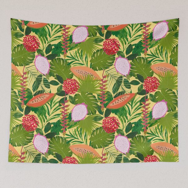 Item preview, Vibrant painterly Tropical botanical hothouse jungle of lush greenery fruits and florals on yellow designed and sold by PrettywithColor.
