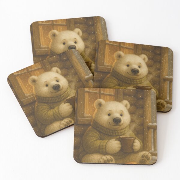 Item preview, Polar bear with coffee cup in a cozy log cabin designed and sold by Mauswohn.