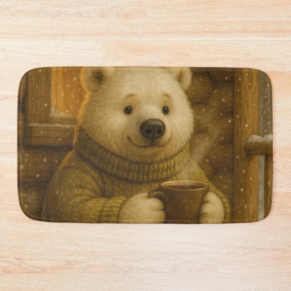 Item preview, Polar bear with coffee cup in a cozy log cabin designed and sold by Mauswohn.