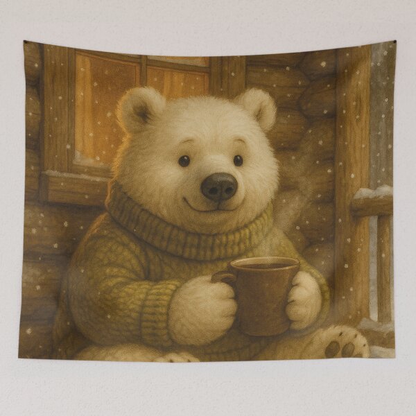 Item preview, Polar bear with coffee cup in a cozy log cabin designed and sold by Mauswohn.