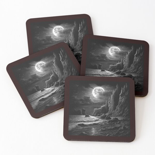Item preview, Moonlit Rocky Coast Black and White Dark Seascape Illustration designed and sold by inkoutninja.