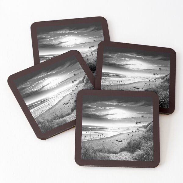 Item preview, Black and White Beach Dunes Coastal Sunset Landscape Illustration designed and sold by inkoutninja.