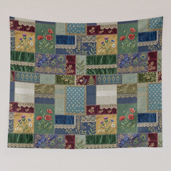 Item preview, Boho Botanical Patchwork with Peacock Feathers designed and sold by JacquiTaylorArt.