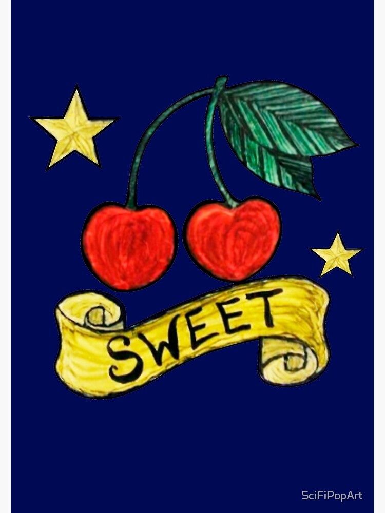 Sweet Cherries With Scroll Banner And Stars In Tattoo Style