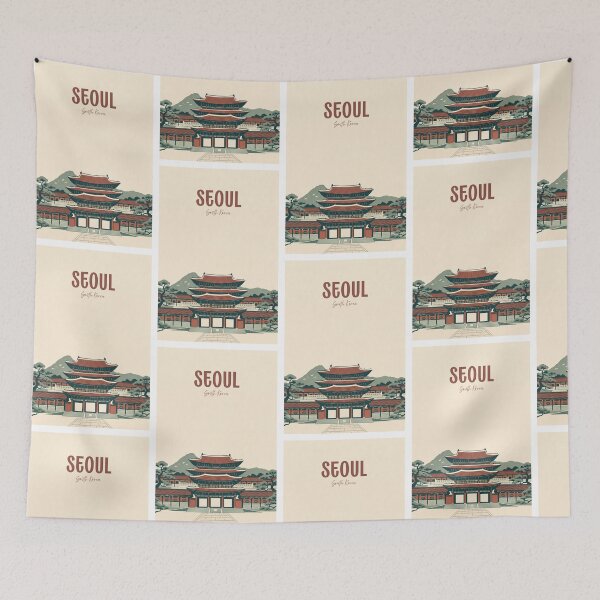 Item preview, Minimalist Seoul Cityscape with Gyeongbok Palace and Mountains designed and sold by NeuralVibe.
