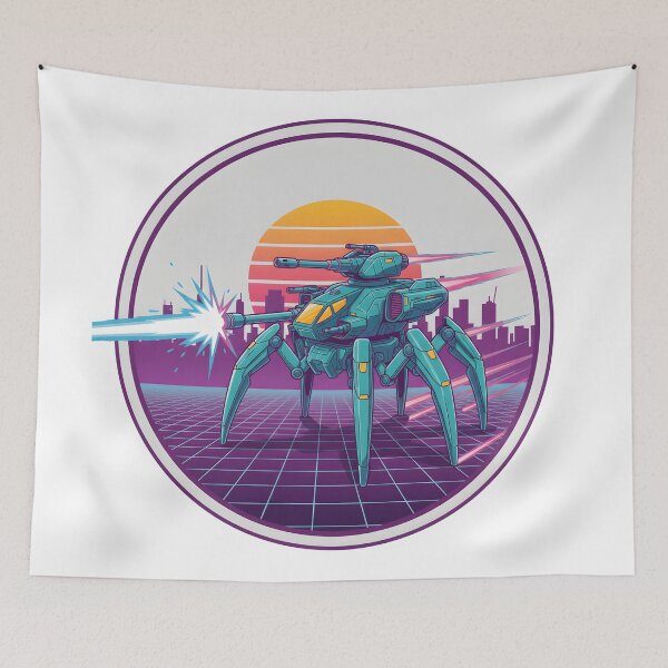Item preview, Retro Futuristic Mech Walker Neon Sunset Cyberpunk Battle. designed and sold by The-T-In-Retro.