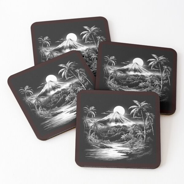 Item preview, Moonlit Tropical Volcano Black and White Island Landscape Illustration designed and sold by inkoutninja.