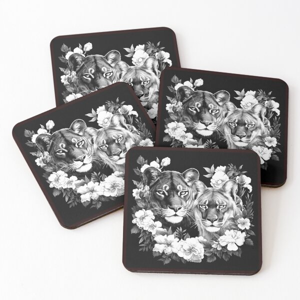 Item preview, Floral Mountain Lion Pair Black and White Wildlife Illustration designed and sold by inkoutninja.