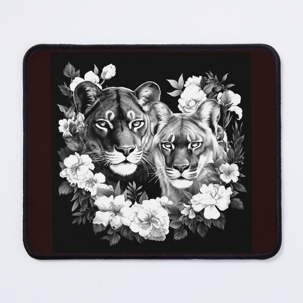 Item preview, Floral Mountain Lion Pair Black and White Wildlife Illustration designed and sold by inkoutninja.