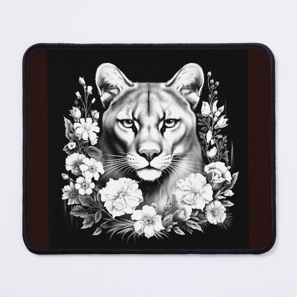 Item preview, Floral Cougar Portrait Black and White Wildlife Illustration designed and sold by inkoutninja.