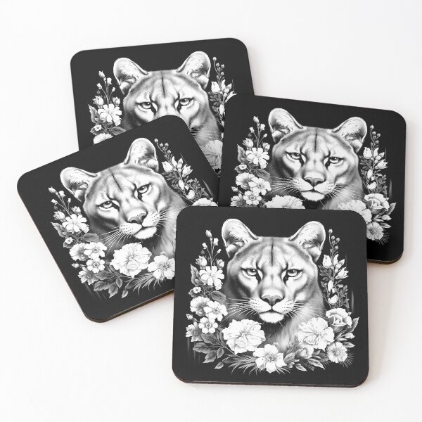 Item preview, Floral Cougar Portrait Black and White Wildlife Illustration designed and sold by inkoutninja.