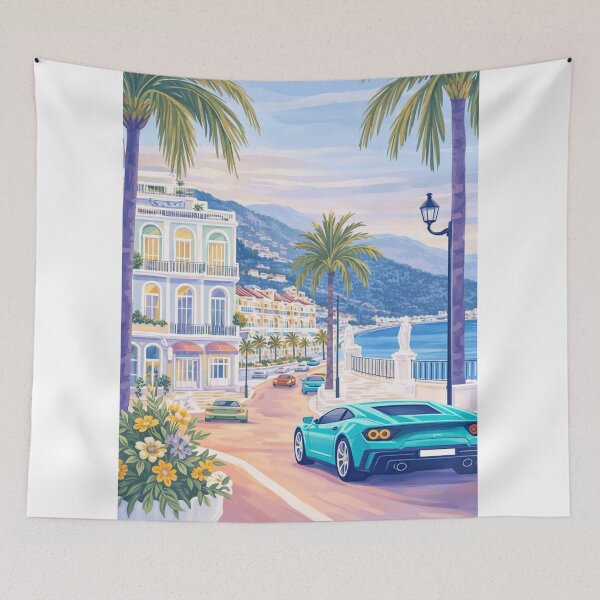 Item preview, Monaco Monte Carlo Riviera Drive – Luxury Supercar Coastal Sunset Art Print designed and sold by ArtQueen777.