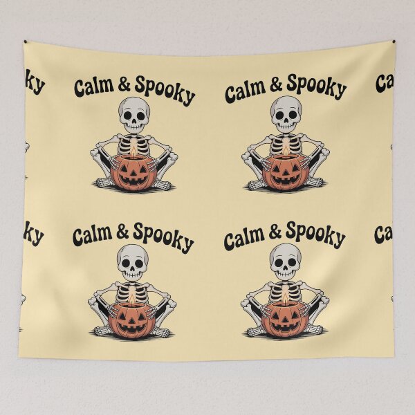 Item preview, Calm & Spooky Skeleton Sitting with Pumpkin Candle – Cozy Halloween Design designed and sold by Raw Tigers.