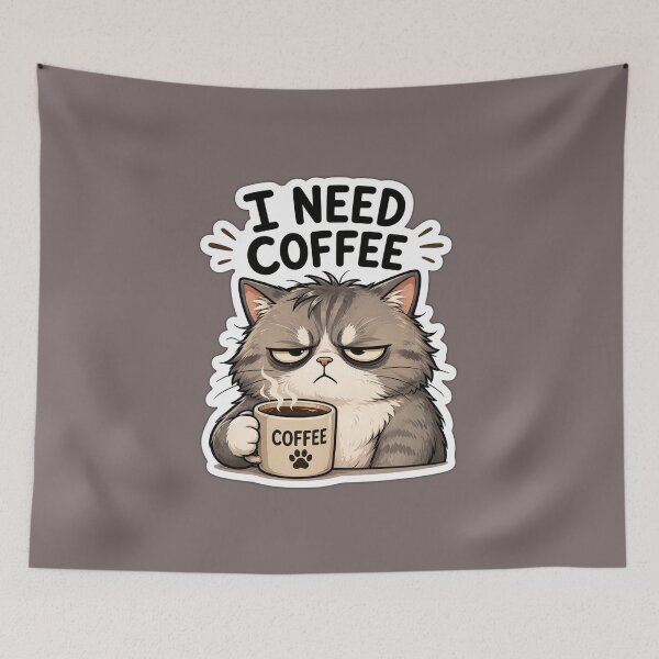 Item preview, I Need Coffee Cat Sticker | Funny Tired Cat Meme designed and sold by K-Vibe Design Studio.