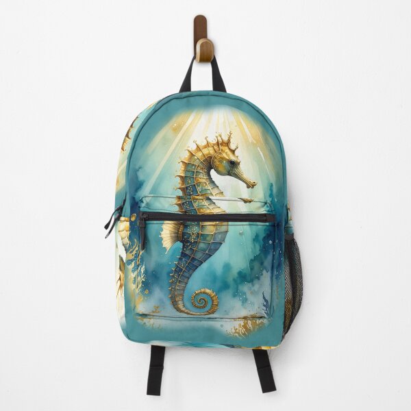 Item preview, Elegant watercolor seahorse gold teal ocean sunlight marine art print designed and sold by icemanphotos.