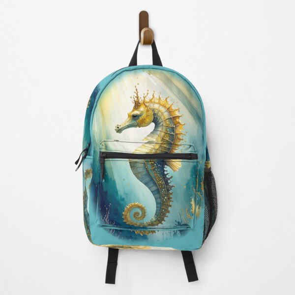 Item preview, Elegant watercolor seahorse gold teal ocean sunlight marine art print designed and sold by icemanphotos.