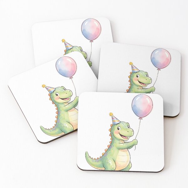Item preview, Cute Watercolor Baby Dino – Balloon & Party Hat Illustration designed and sold by EmeraldeaArt.
