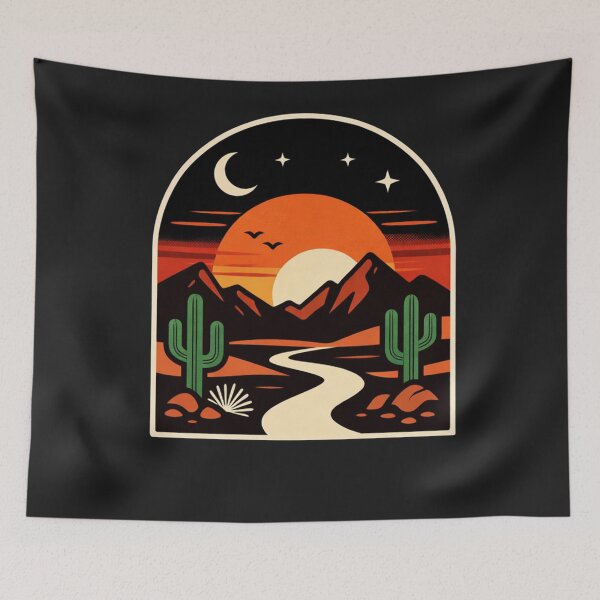 Item preview, Midnight Desert Wanderer Under a Crescent Moon and Glowing Sunset Sun designed and sold by Owcomm.
