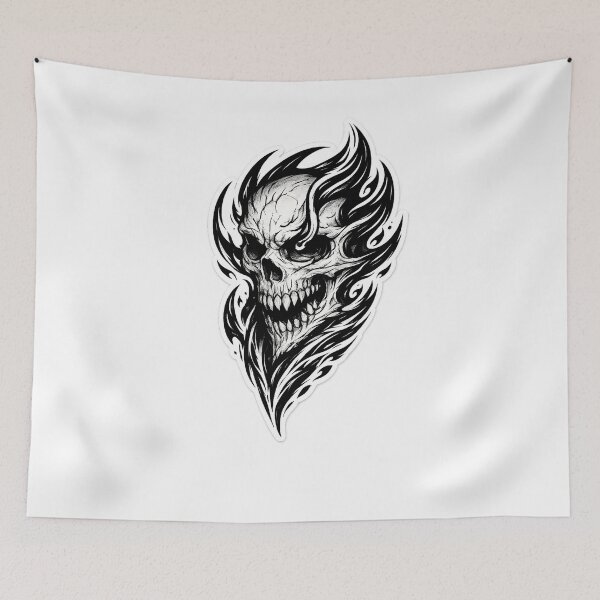 Item preview, Flaming Skull Tattoo Sticker | Aggressive Tribal Fire Skull | Black & White Gothic Vinyl Decal designed and sold by ClickToSticker.