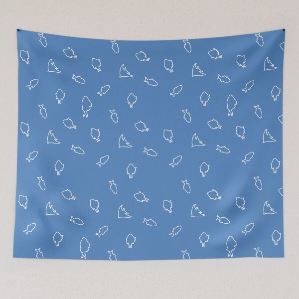 Item preview, Seamless pattern of white fish outline on marina color background designed and sold by VitSArt.