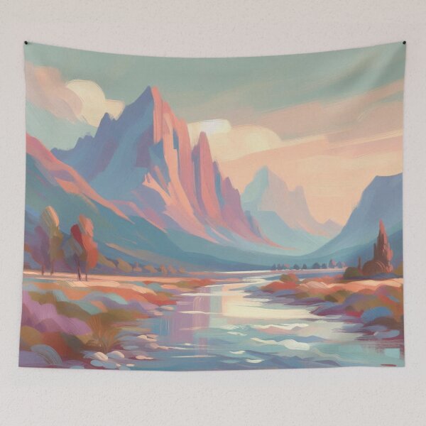 Artikelvorschau, Mystic Mountain River Landscape with Soft Sunset Colors and Dreamy Nature Vibes entworfen und verkauft von FotoworldEdel.