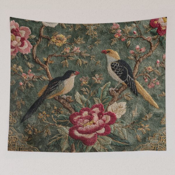 Item preview, Sage Chinoiserie Style Silk Floral Birdy Wildflowers Carpet designed and sold by GrinGalore.