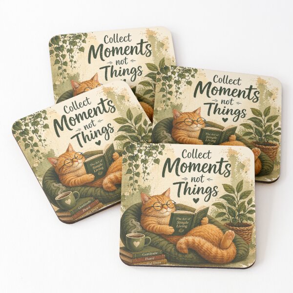 Item preview, Cozy Cat Reading Book Aesthetic Illustration Collect Moments Not Things Design designed and sold by IconicDesignsXd.