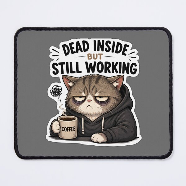 Item preview, Dead Inside But Still Working Cat Sticker | Funny Tired Office Meme designed and sold by K-Vibe Design Studio.