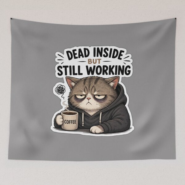 Item preview, Dead Inside But Still Working Cat Sticker | Funny Tired Office Meme designed and sold by K-Vibe Design Studio.