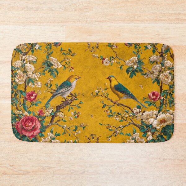 Item preview, Alfombra exótica de seda con estampado floral de pájaros, estilo chinoiserie amarillo designed and sold by GrinGalore.