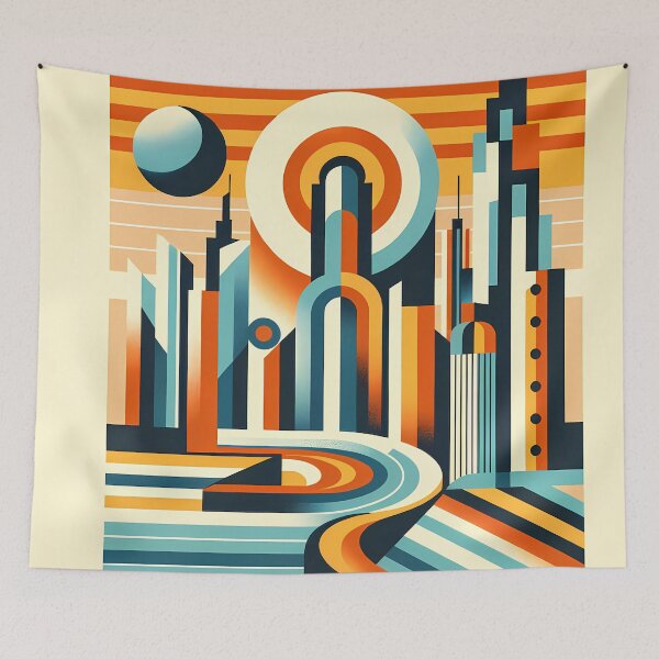 Item preview, Retro Futurist Cityscape with Sun and Curved Road designed and sold by InkSmithery.