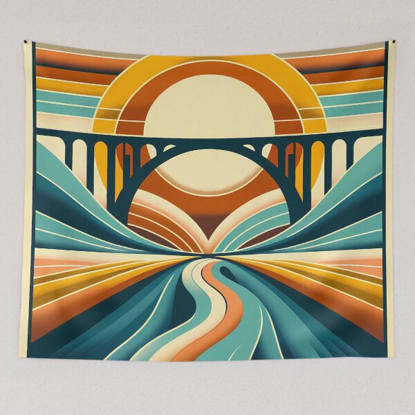 Item preview, Retro Bridge at Sunrise Landscape designed and sold by InkSmithery.