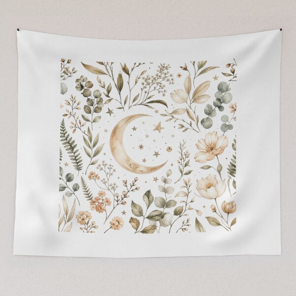 Artikelvorschau, Boho-Bettwäsche mit botanischem Mond- und Blumenmuster – neutrales, erdiges Design entworfen und verkauft von Kate1art.
