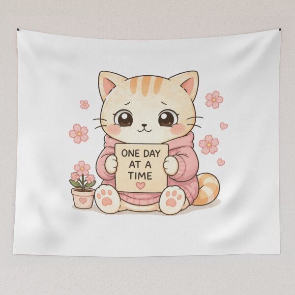 Item preview, One Day at a Time Cat | Cute Kawaii Aesthetic | Motivational Positive Design designed and sold by The Mood Index.