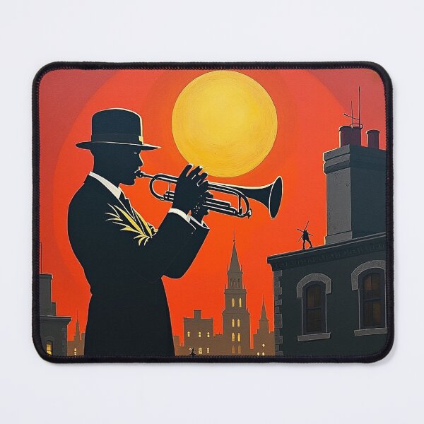 Item preview, Jazz Trumpet Rooftop Silhouette Sunset designed and sold by mittie101.