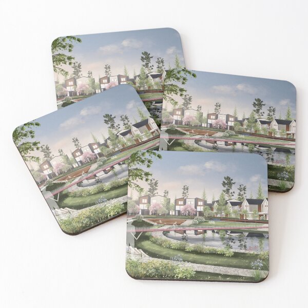 Item preview, Modern Riverside Neighborhood with Pink Blossom Tre designed and sold by Ескіз-ілона.
